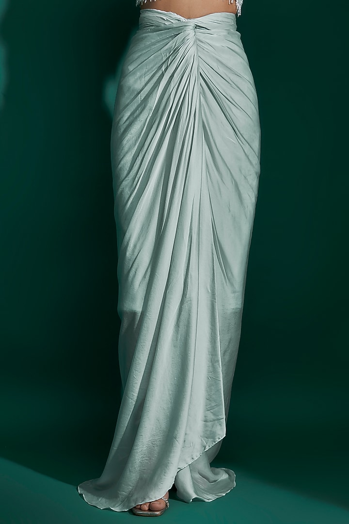 Ice Blue Bemberg Satin & Natural Crepe Draped Skirt Set by ASHUTOSH JOSHI at Pernia's Pop Up Shop