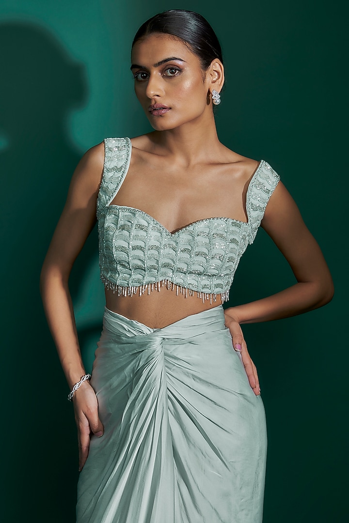 Ice Blue Bemberg Satin & Natural Crepe Draped Skirt Set by ASHUTOSH JOSHI at Pernia's Pop Up Shop