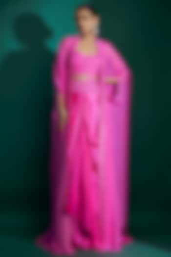 Hot Pink Bemberg Satin & Natural Crepe Hand Embroidered Cape Set by ASHUTOSH JOSHI