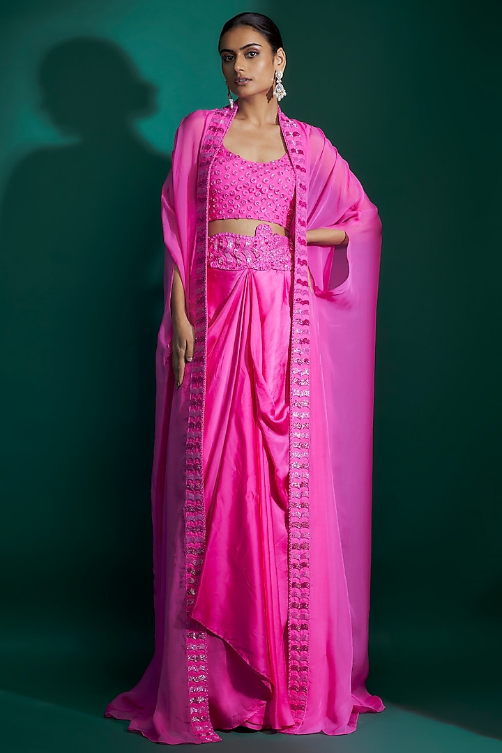 Hot Pink Bemberg Satin & Natural Crepe Hand Embroidered Cape Set by ASHUTOSH JOSHI