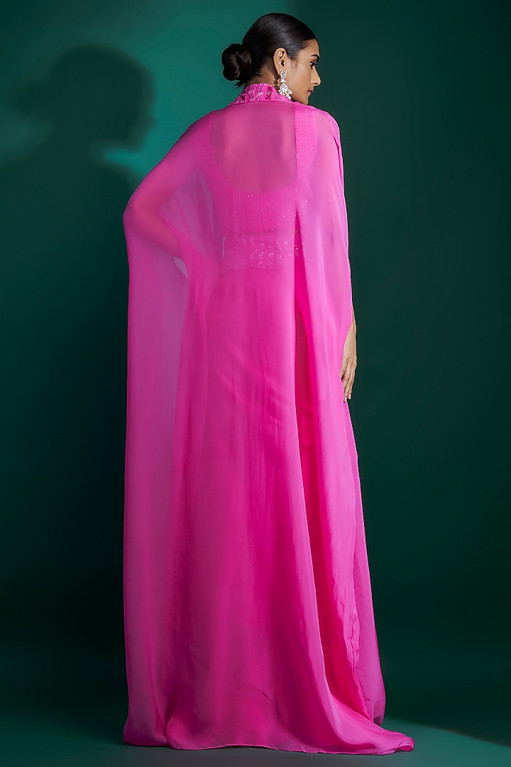 Hot Pink Bemberg Satin & Natural Crepe Hand Embroidered Cape Set by ASHUTOSH JOSHI at Pernia's Pop Up Shop