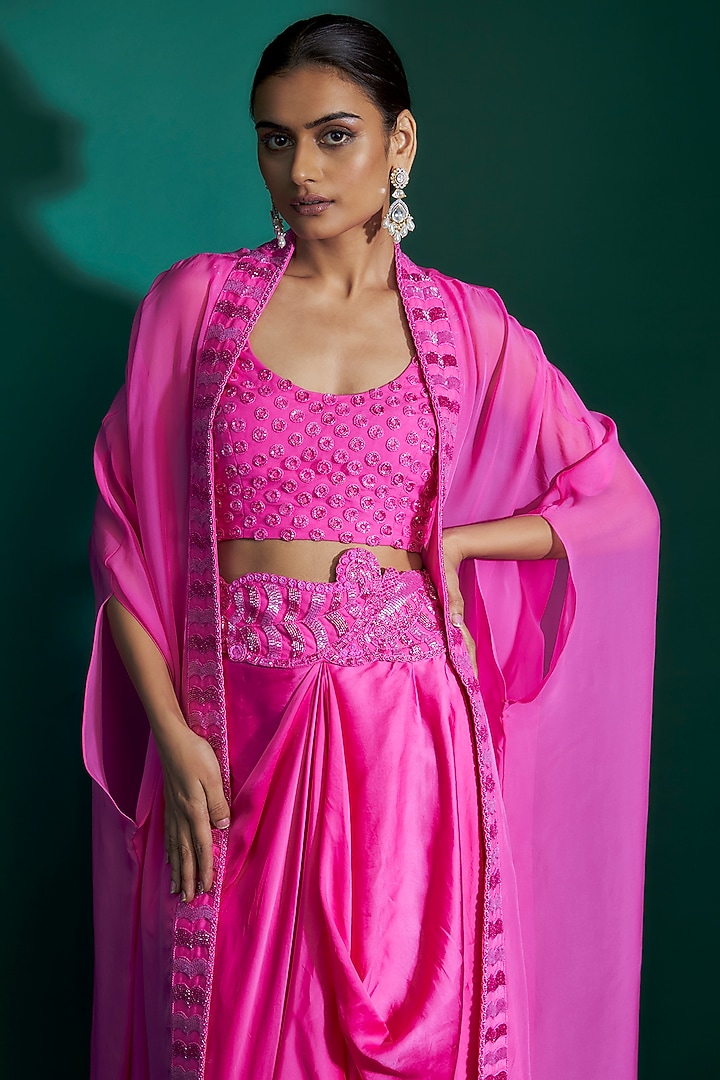 Hot Pink Bemberg Satin & Natural Crepe Hand Embroidered Cape Set by ASHUTOSH JOSHI at Pernia's Pop Up Shop