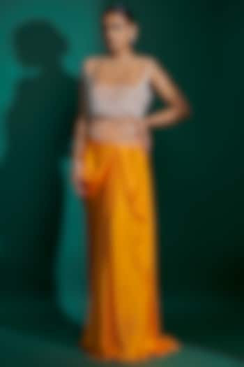 Orange Bemberg Satin & Natural Crepe Hand Embroidered Draped Skirt Set by ASHUTOSH JOSHI