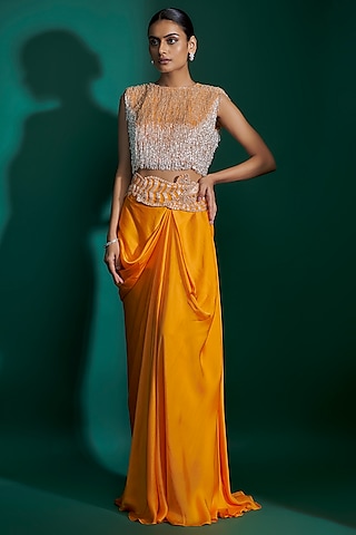 Orange Bemberg Satin & Natural Crepe Hand Embroidered Draped Skirt Set by ASHUTOSH JOSHI