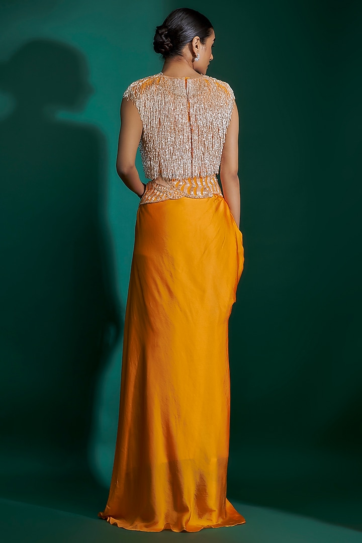 Orange Bemberg Satin & Natural Crepe Hand Embroidered Draped Skirt Set by ASHUTOSH JOSHI at Pernia's Pop Up Shop
