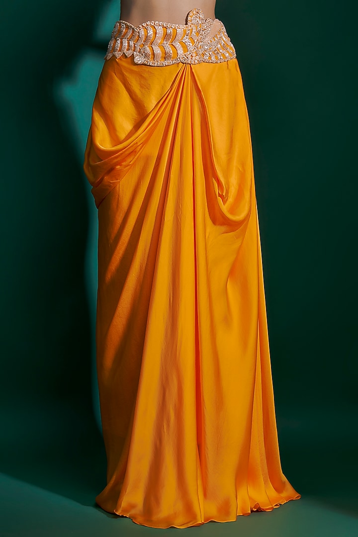 Orange Bemberg Satin & Natural Crepe Hand Embroidered Draped Skirt Set by ASHUTOSH JOSHI at Pernia's Pop Up Shop