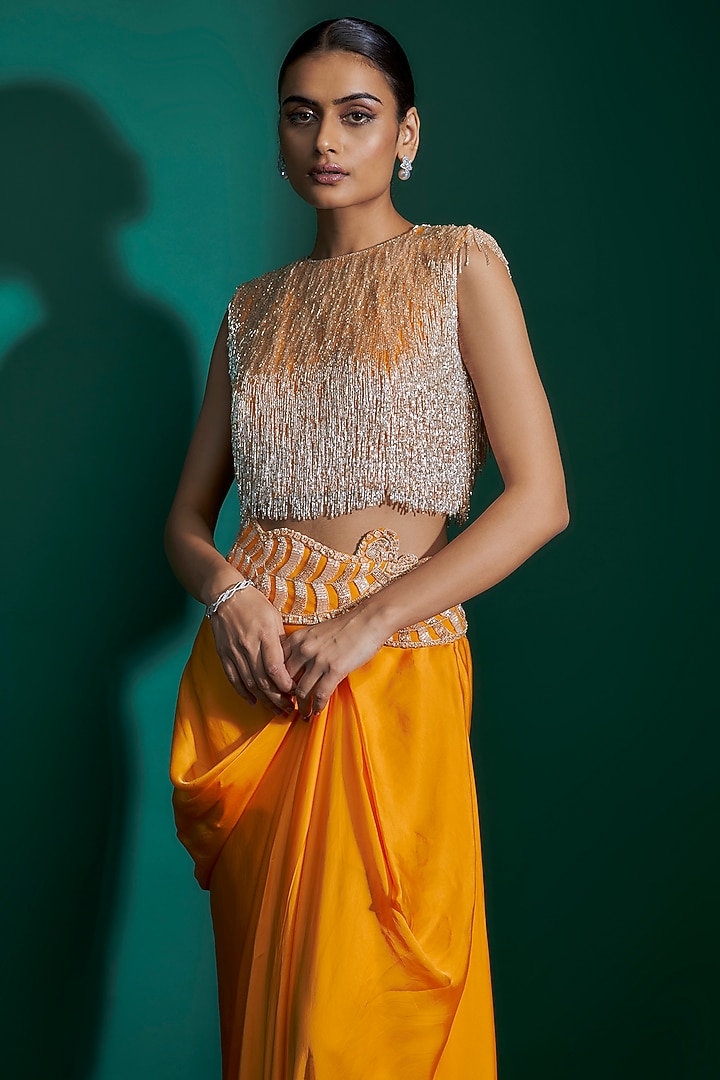 Orange Bemberg Satin & Natural Crepe Hand Embroidered Draped Skirt Set by ASHUTOSH JOSHI at Pernia's Pop Up Shop