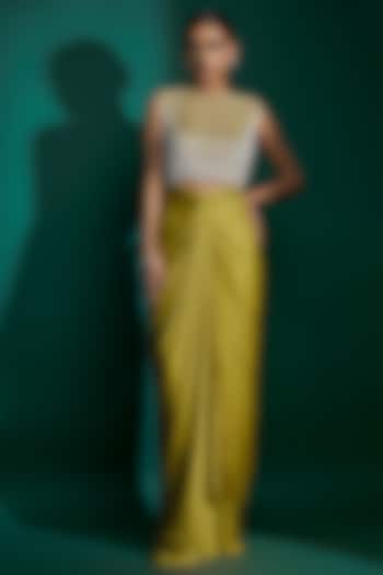 Dirty Olive Bemberg Satin & Natural Crepe Hand Embroidered Knotted Draped Skirt Set by ASHUTOSH JOSHI