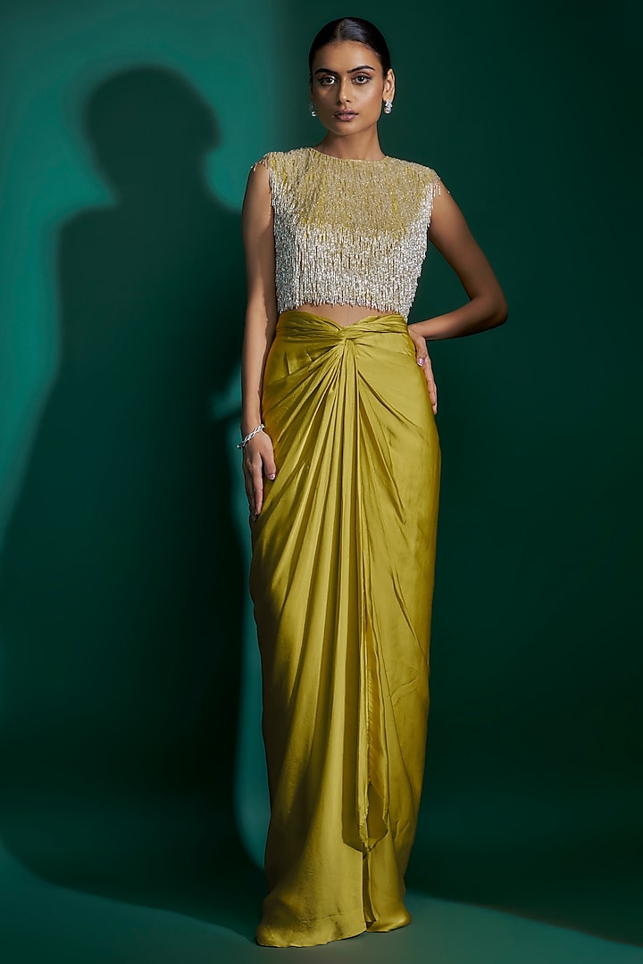 Dirty Olive Bemberg Satin & Natural Crepe Hand Embroidered Knotted Draped Skirt Set by ASHUTOSH JOSHI