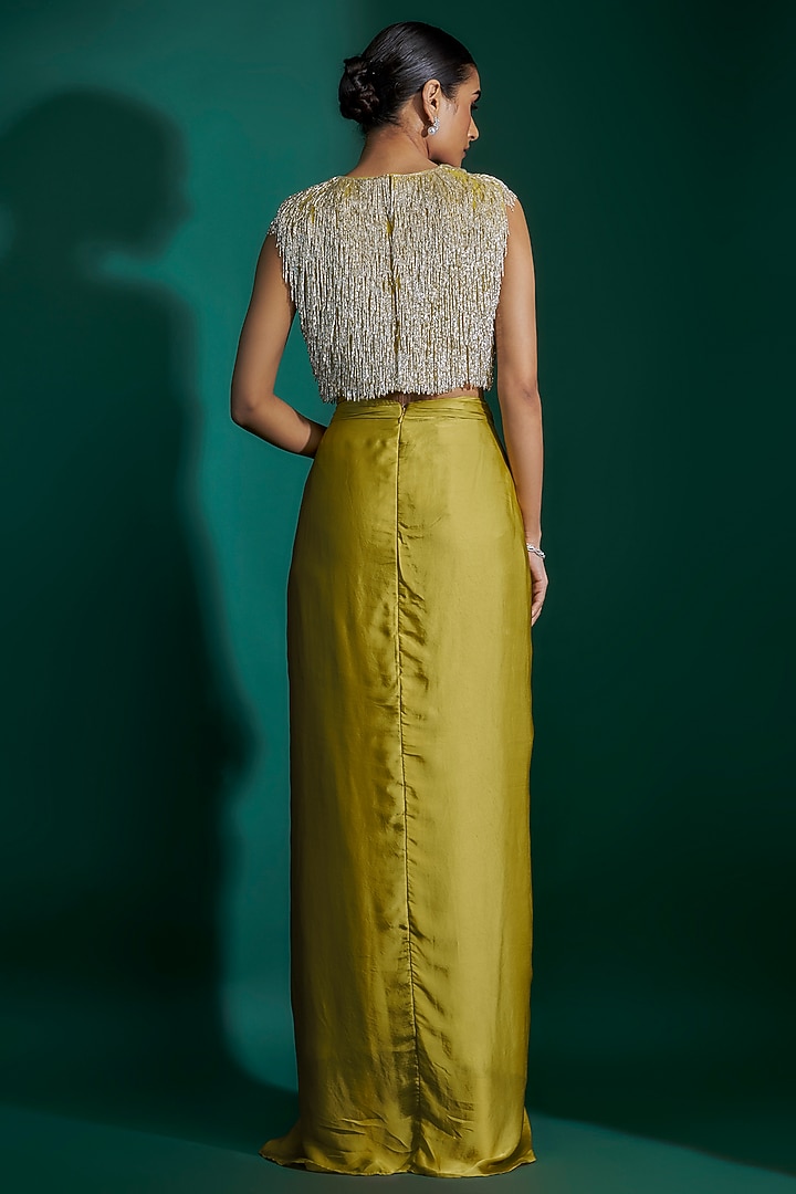 Dirty Olive Bemberg Satin & Natural Crepe Hand Embroidered Knotted Draped Skirt Set by ASHUTOSH JOSHI at Pernia's Pop Up Shop