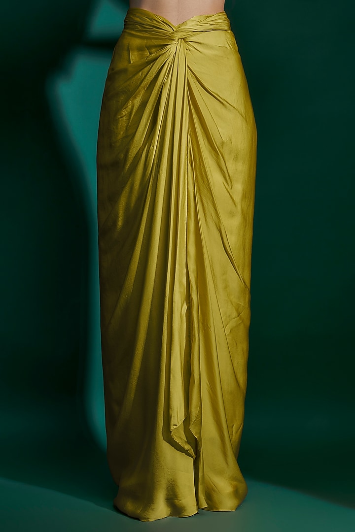 Dirty Olive Bemberg Satin & Natural Crepe Hand Embroidered Knotted Draped Skirt Set by ASHUTOSH JOSHI at Pernia's Pop Up Shop