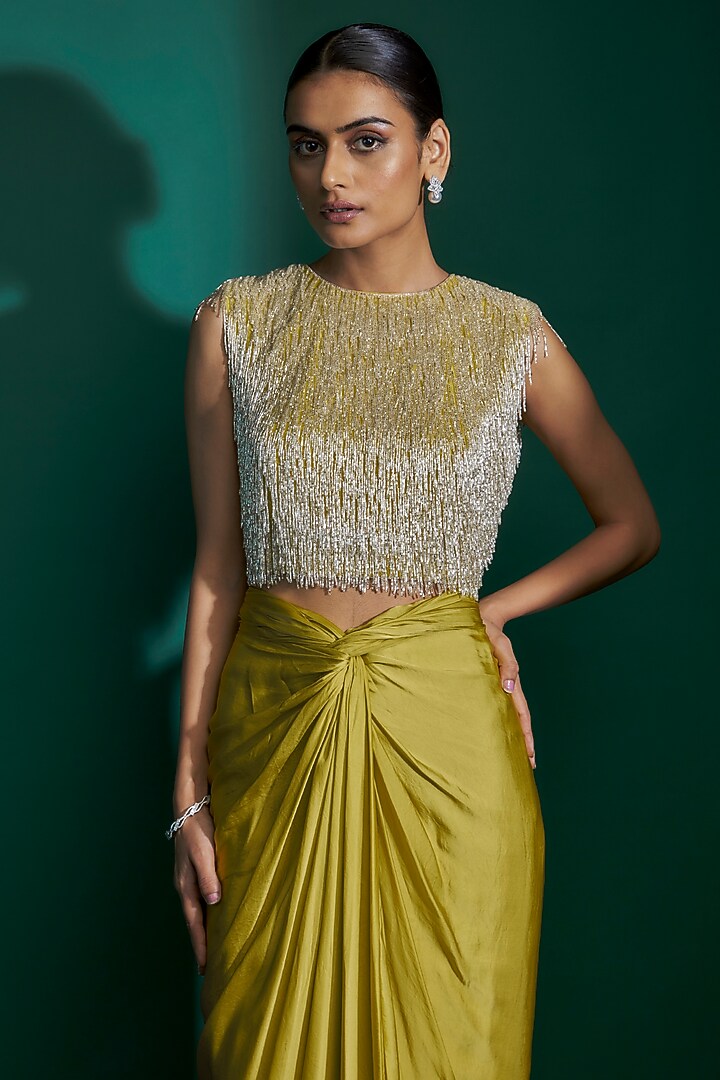 Dirty Olive Bemberg Satin & Natural Crepe Hand Embroidered Knotted Draped Skirt Set by ASHUTOSH JOSHI at Pernia's Pop Up Shop