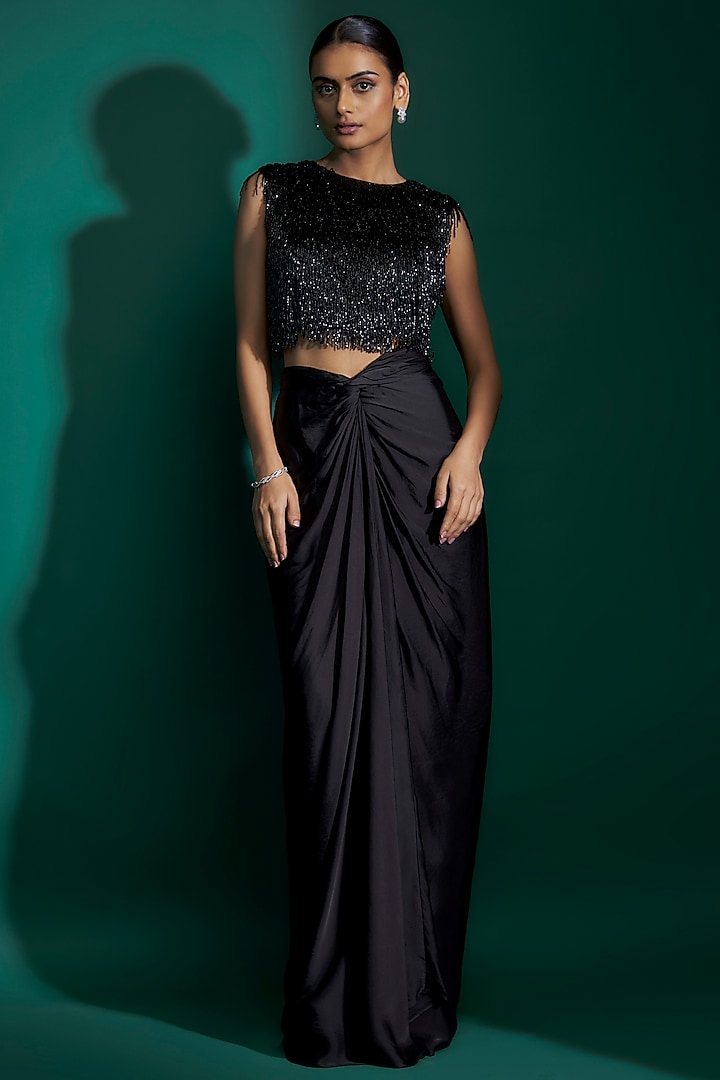 Black Bemberg Satin & Natural Crepe Hand Embroidered Draped Skirt Set by ASHUTOSH JOSHI at Pernia's Pop Up Shop