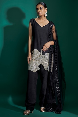 Black Natural Crepe Cutwork Hand Embroidered Kurta Set by ASHUTOSH JOSHI