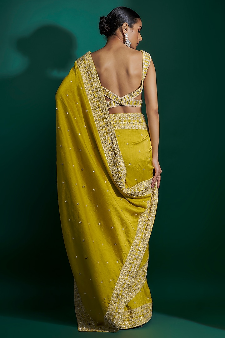 Dirty Olive Raw Silk Hand Embroidered Wedding Saree Set by ASHUTOSH JOSHI at Pernia's Pop Up Shop