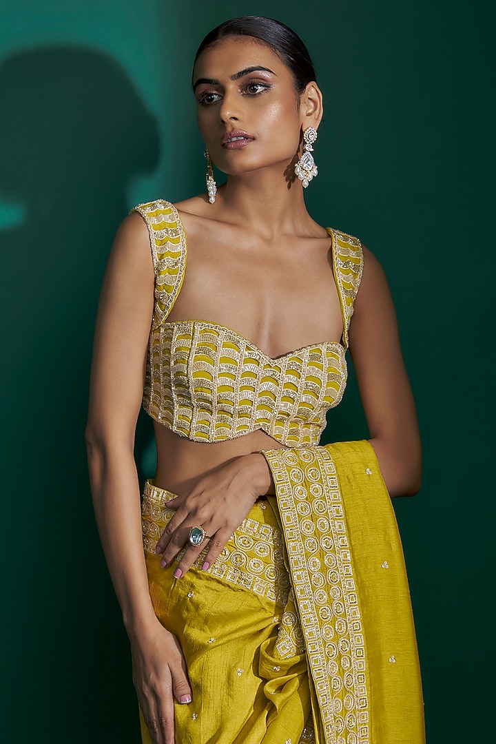 Dirty Olive Raw Silk Hand Embroidered Wedding Saree Set by ASHUTOSH JOSHI at Pernia's Pop Up Shop
