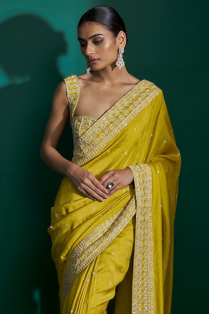 Dirty Olive Raw Silk Hand Embroidered Wedding Saree Set by ASHUTOSH JOSHI at Pernia's Pop Up Shop