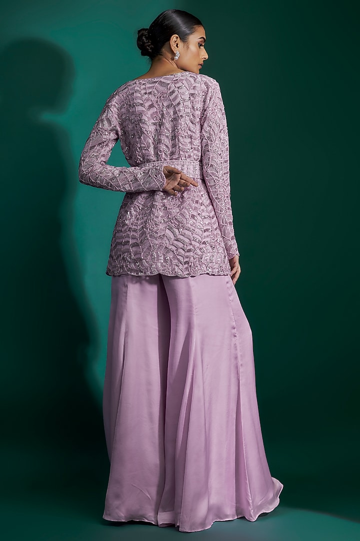 Lavender Natural Crepe Paisley Printed & Hand Embroidered Kurta Set by ASHUTOSH JOSHI at Pernia's Pop Up Shop