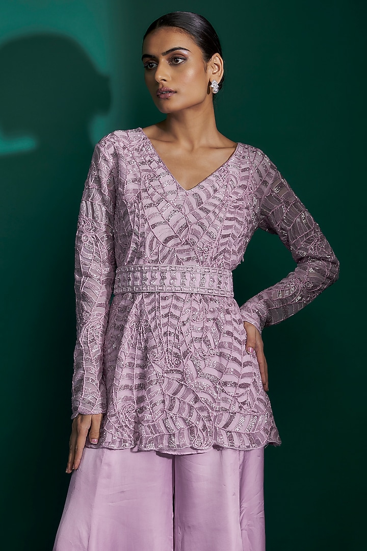 Lavender Natural Crepe Paisley Printed & Hand Embroidered Kurta Set by ASHUTOSH JOSHI at Pernia's Pop Up Shop
