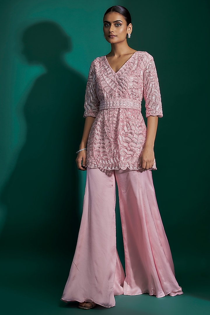 Blush Pink Natural Crepe Paisley Printed & Hand Embroidered Kurta Set by ASHUTOSH JOSHI at Pernia's Pop Up Shop