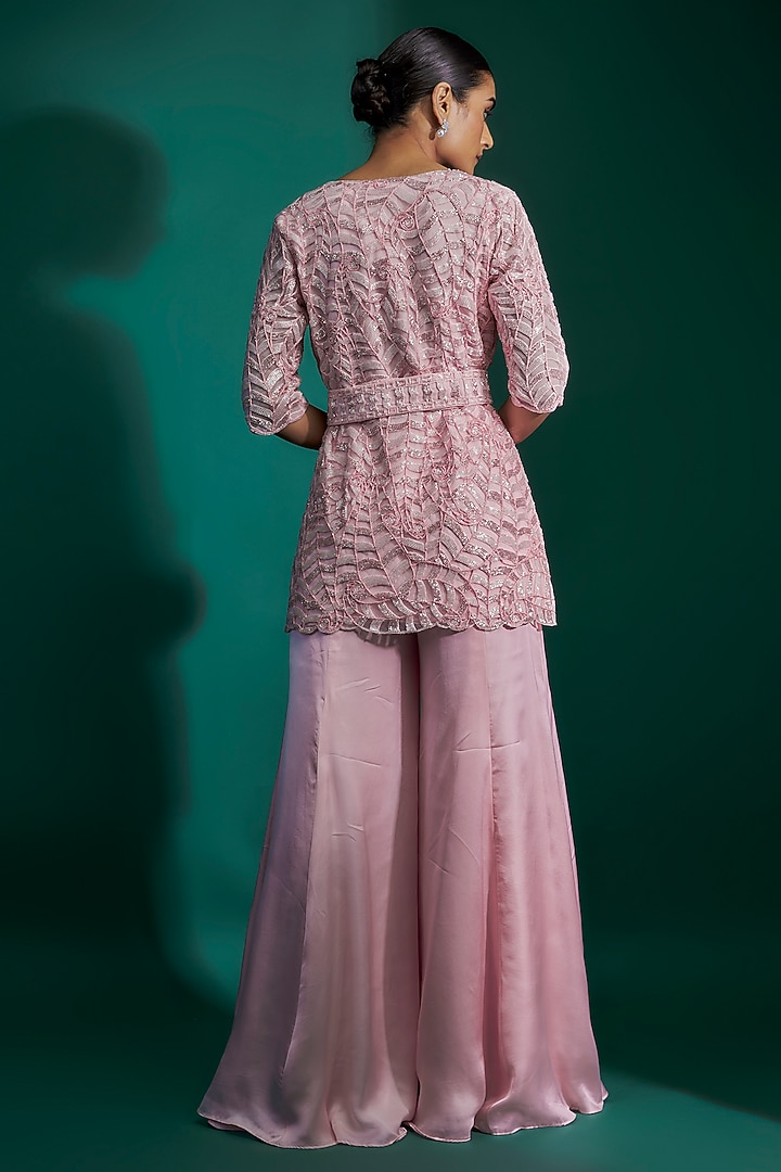 Blush Pink Natural Crepe Paisley Printed & Hand Embroidered Kurta Set by ASHUTOSH JOSHI at Pernia's Pop Up Shop