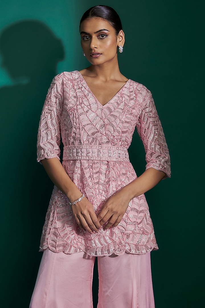 Blush Pink Natural Crepe Paisley Printed & Hand Embroidered Kurta Set by ASHUTOSH JOSHI at Pernia's Pop Up Shop