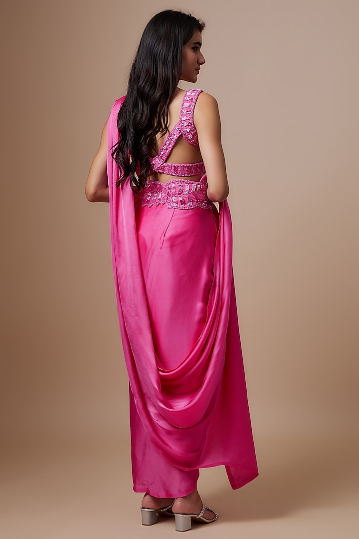 Hot Pink Satin Cutwork Pre-Draped Wedding Saree Set by ASHUTOSH JOSHI at Pernia's Pop Up Shop