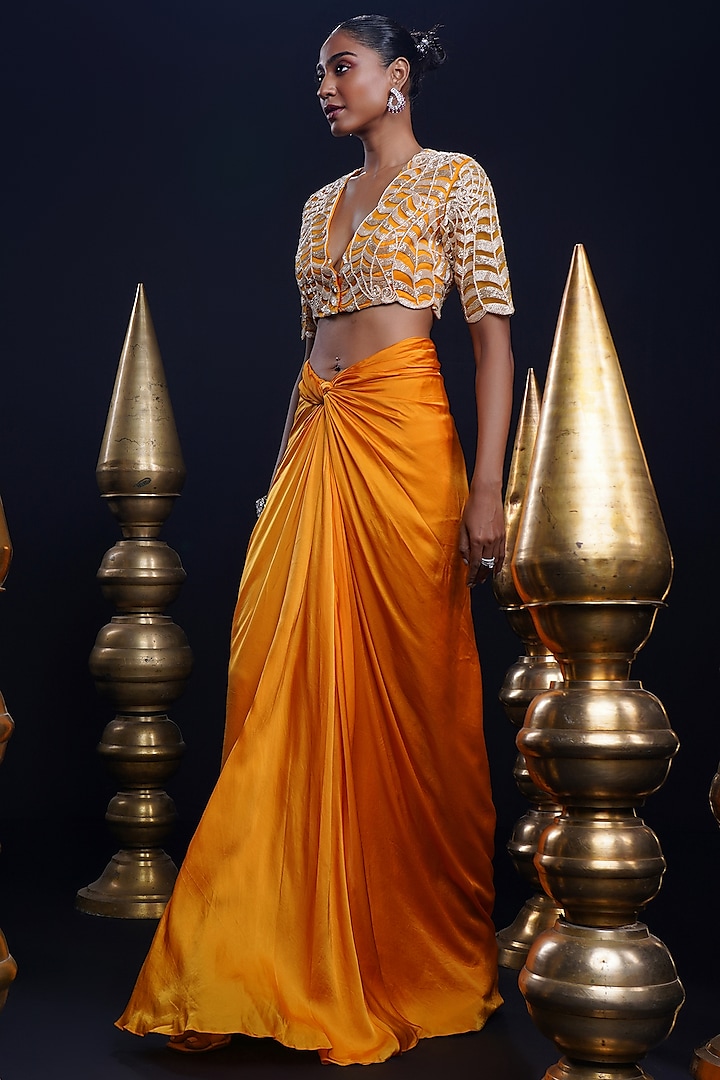 Tangerine Bemberg Satin Knotted Skirt Set by ASHUTOSH JOSHI