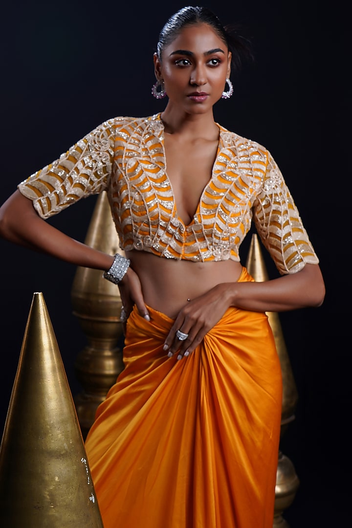 Tangerine Bemberg Satin Knotted Skirt Set by ASHUTOSH JOSHI at Pernia's Pop Up Shop