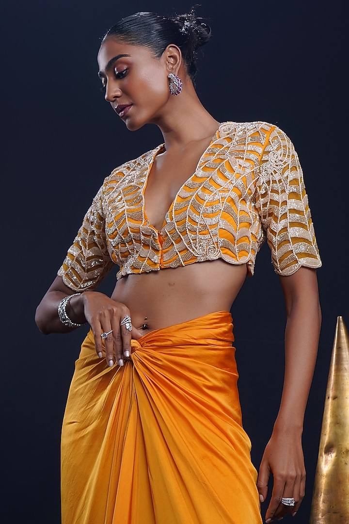 Tangerine Bemberg Satin Knotted Skirt Set by ASHUTOSH JOSHI at Pernia's Pop Up Shop
