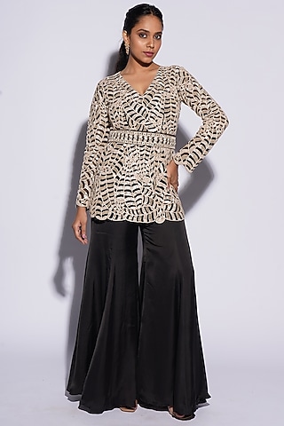 Black Bemberg Satin Cutwork & Dori Embroidered Kurta Set by ASHUTOSH JOSHI