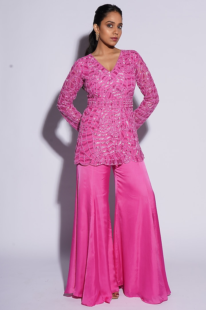Hot Pink Bemberg Satin Cutwork & Dori Embroidered Kurta Set by ASHUTOSH JOSHI at Pernia's Pop Up Shop