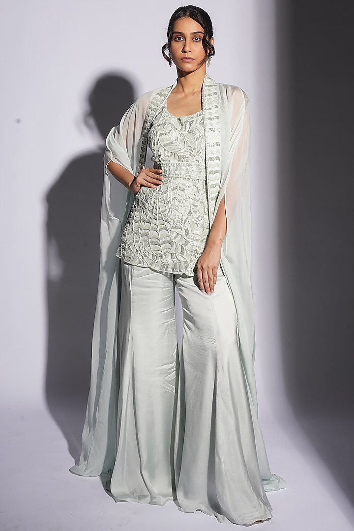 Ice Blue Bemberg Satin Resham Embroidered Jacket Kurta Set by ASHUTOSH JOSHI at Pernia's Pop Up Shop