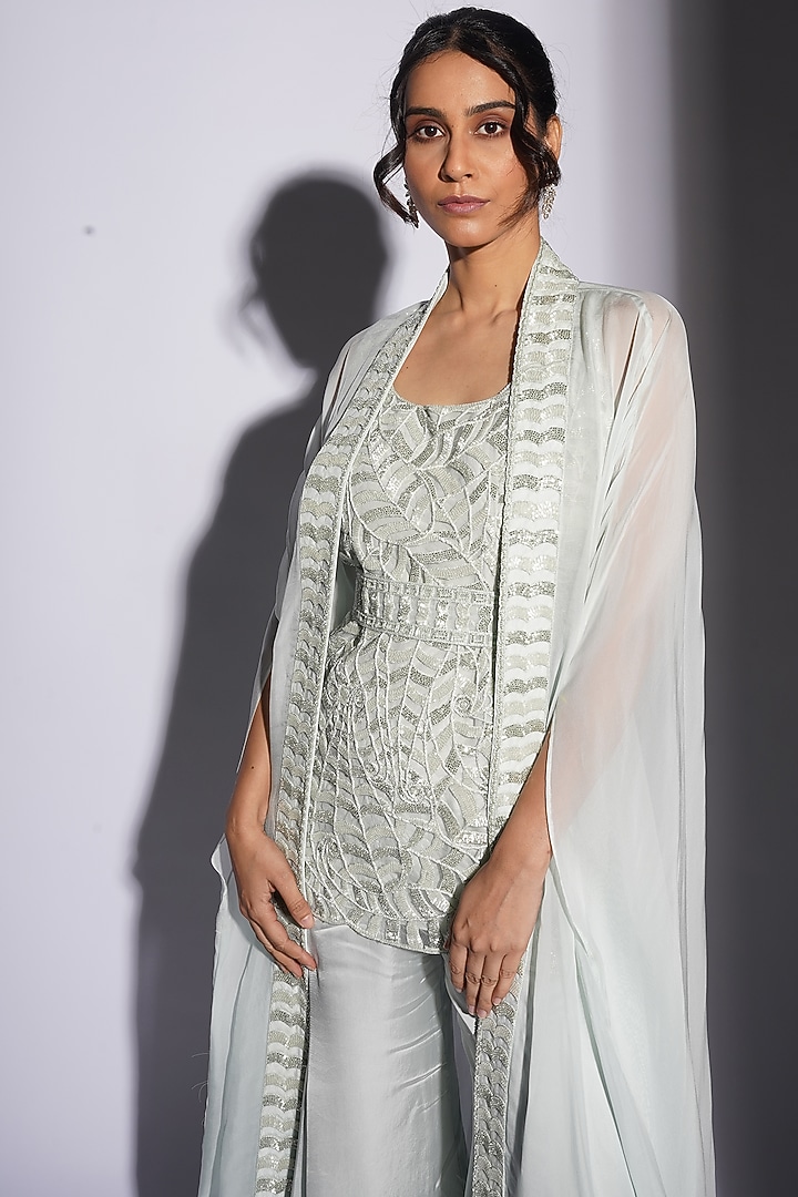 Ice Blue Bemberg Satin Resham Embroidered Jacket Kurta Set by ASHUTOSH JOSHI at Pernia's Pop Up Shop