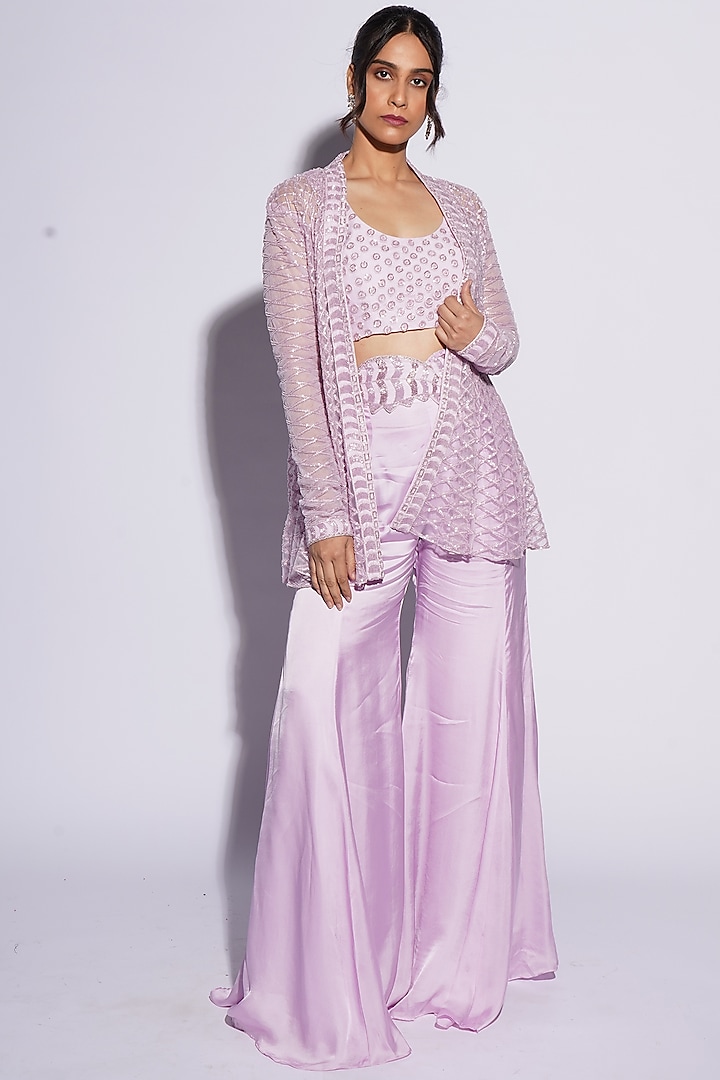 Light Lavender Bemberg Satin Cutwork Sharara Set by ASHUTOSH JOSHI