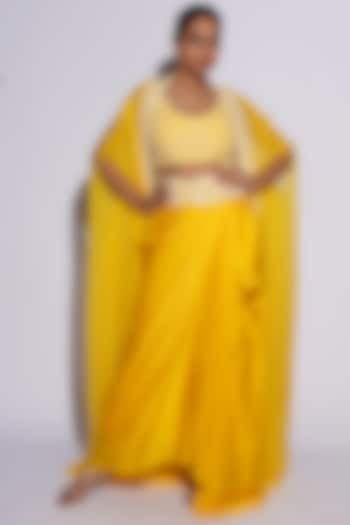 Yellow Bemberg Satin Cutwork Draped Skirt Set by ASHUTOSH JOSHI
