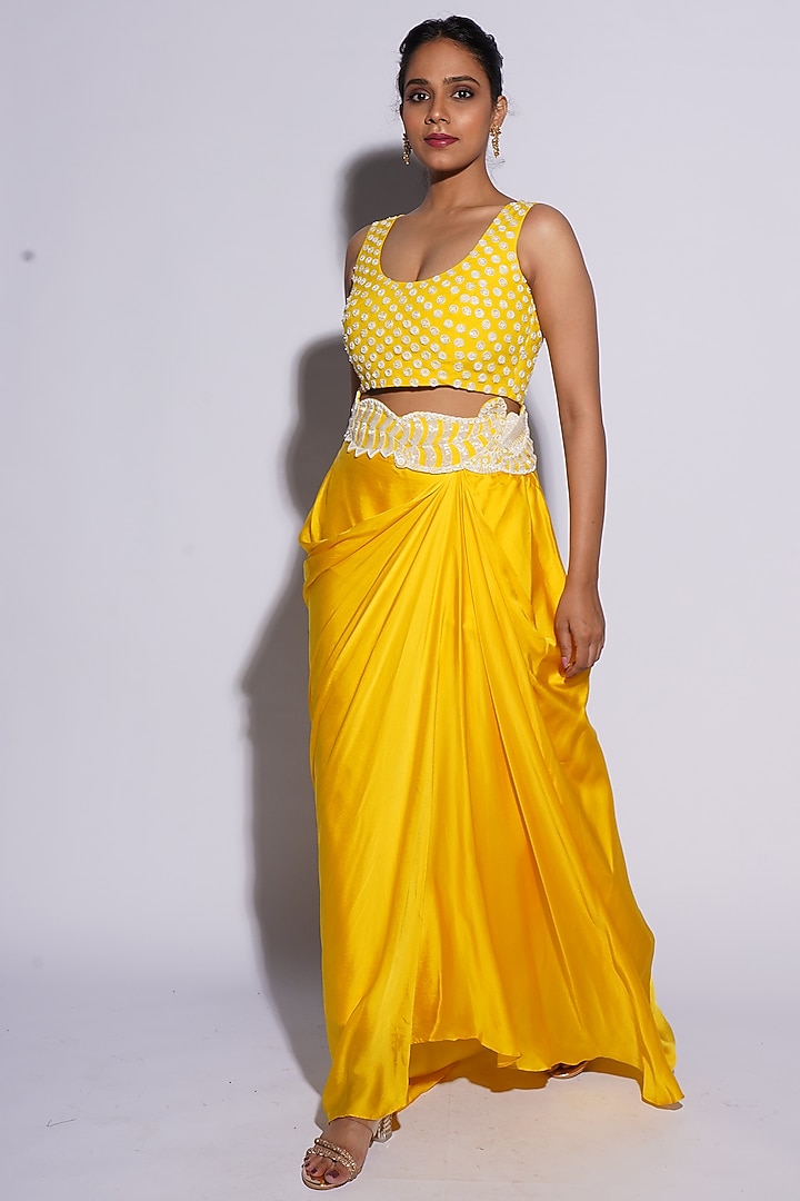 Yellow Bemberg Satin Cutwork Draped Skirt Set by ASHUTOSH JOSHI at Pernia's Pop Up Shop