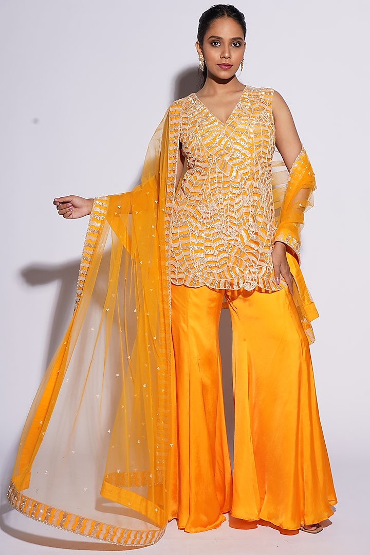 Orange Bemberg Satin Abstract Cutwork Kurta Set by ASHUTOSH JOSHI