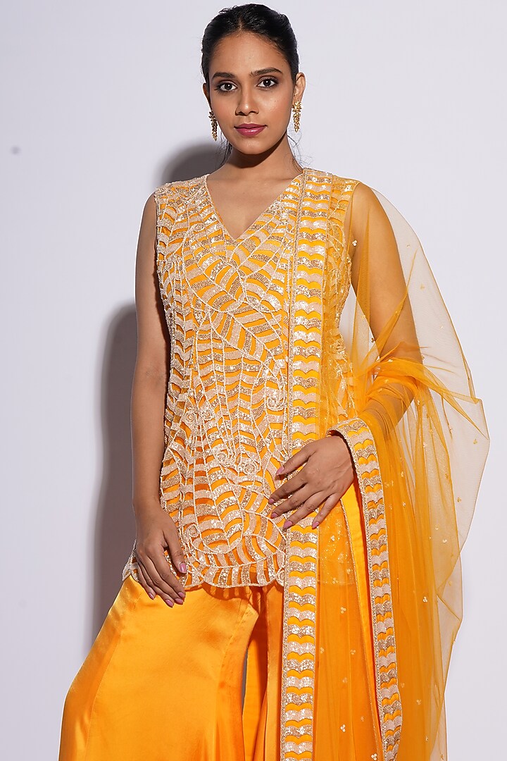 Orange Bemberg Satin Abstract Cutwork Kurta Set by ASHUTOSH JOSHI at Pernia's Pop Up Shop