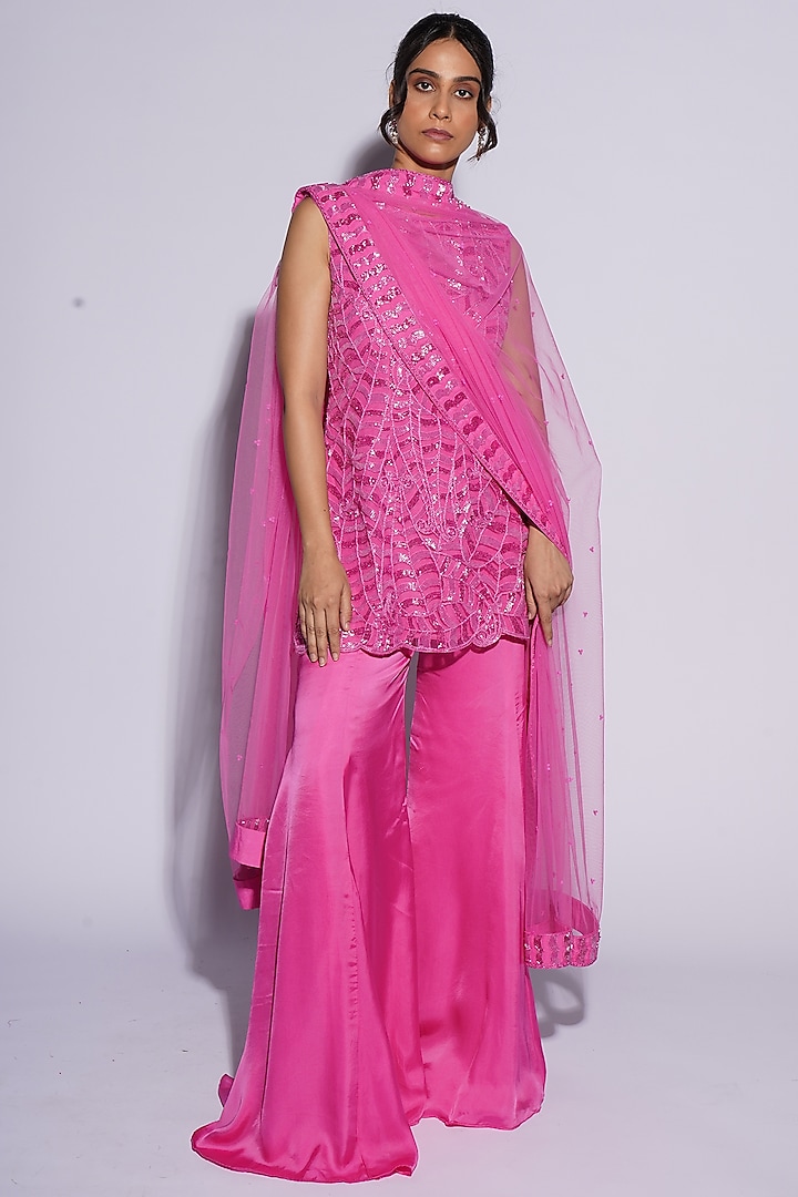 Hot Pink Bemberg Satin Abstract Cutwork Kurta Set by ASHUTOSH JOSHI