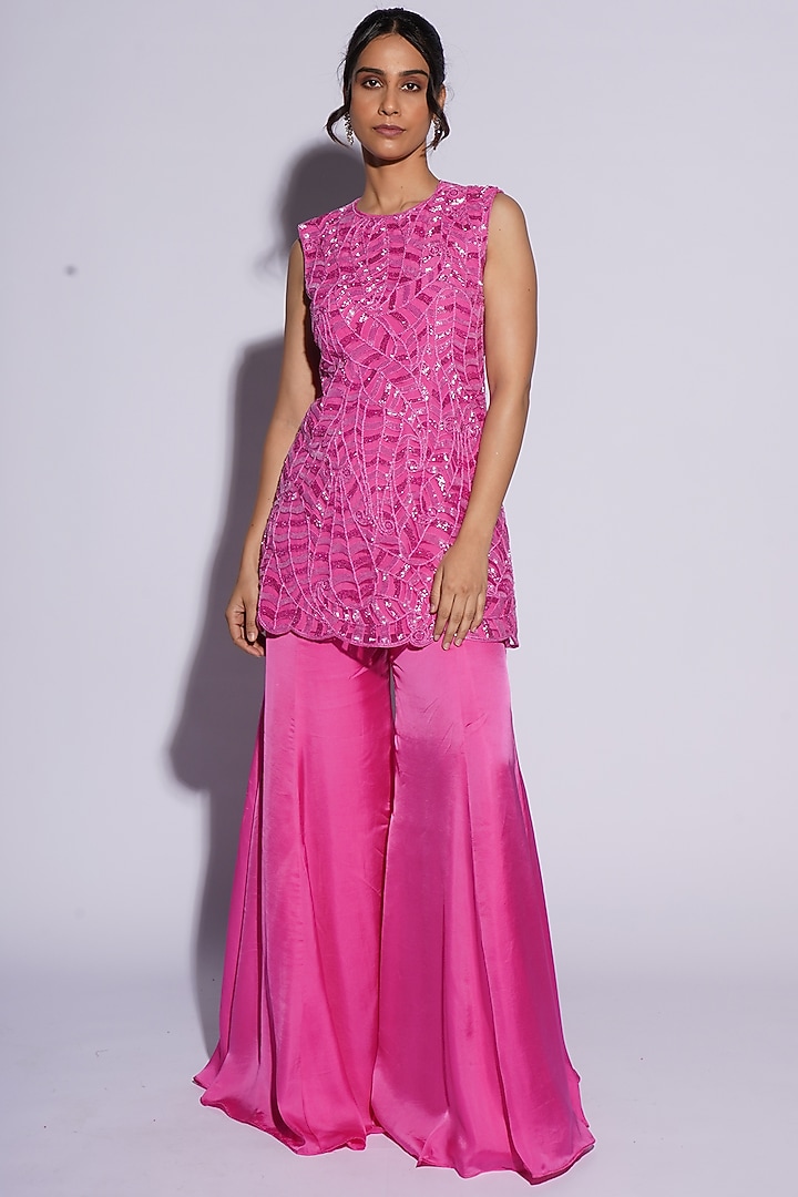 Hot Pink Bemberg Satin Abstract Cutwork Kurta Set by ASHUTOSH JOSHI at Pernia's Pop Up Shop