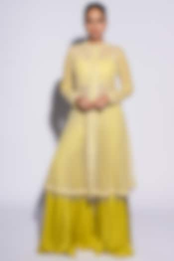 Olive Bemberg Satin Resham Embroidered Criss-Cross Anarkali Set by ASHUTOSH JOSHI at Pernia's Pop Up Shop