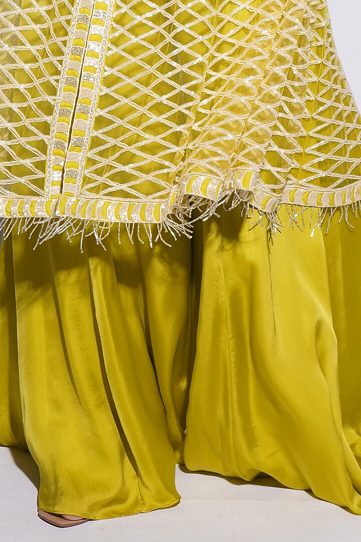 Olive Bemberg Satin Resham Embroidered Criss-Cross Bridal Anarkali Set by ASHUTOSH JOSHI at Pernia's Pop Up Shop