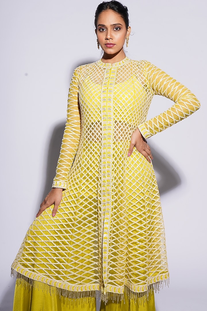 Olive Bemberg Satin Resham Embroidered Criss-Cross Bridal Anarkali Set by ASHUTOSH JOSHI at Pernia's Pop Up Shop