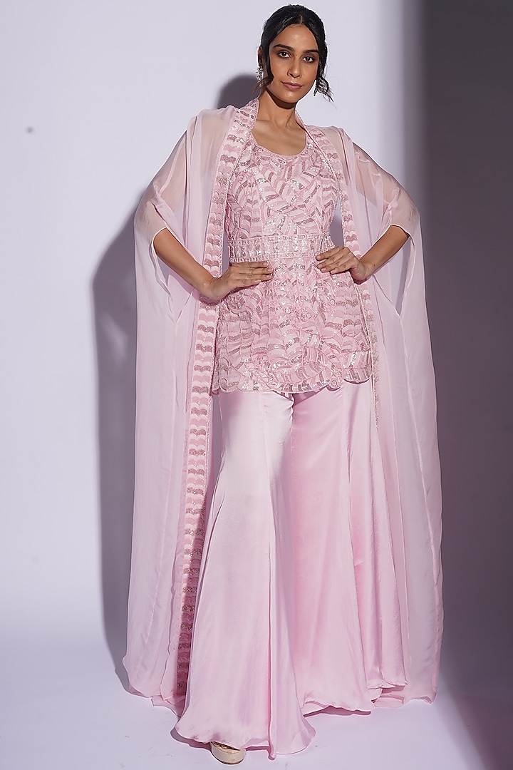 Pink Bemberg Satin Resham Embroidered Jacket Kurta Set by ASHUTOSH JOSHI