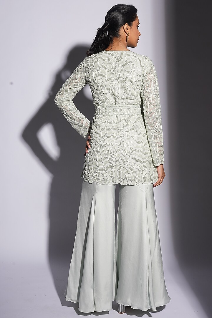 Ice Blue Bemberg Satin Cutwork & Dori Embroidered Kurta Set by ASHUTOSH JOSHI at Pernia's Pop Up Shop