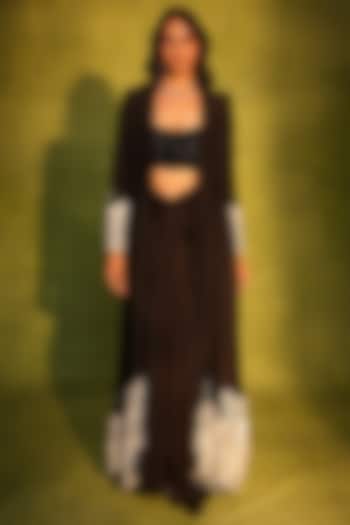 Black Raw Silk & Crepe Cutwork Jacket Set by ASHUTOSH JOSHI at Pernia's Pop Up Shop