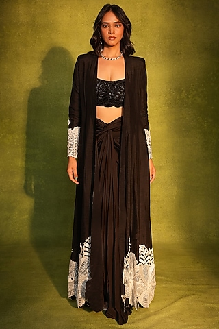 Black Raw Silk & Crepe Cutwork Jacket Set by ASHUTOSH JOSHI