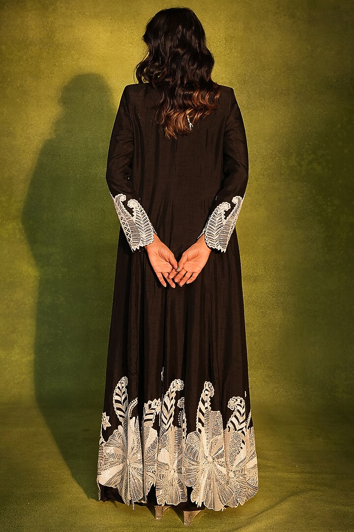 Black Raw Silk & Crepe Cutwork Jacket Set by ASHUTOSH JOSHI at Pernia's Pop Up Shop