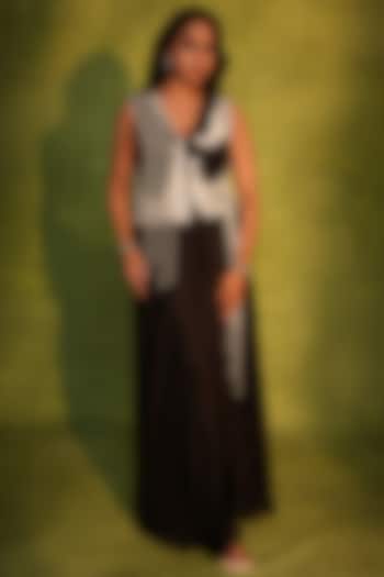 Black Raw Silk & Crepe Draped Skirt Set by ASHUTOSH JOSHI at Pernia's Pop Up Shop